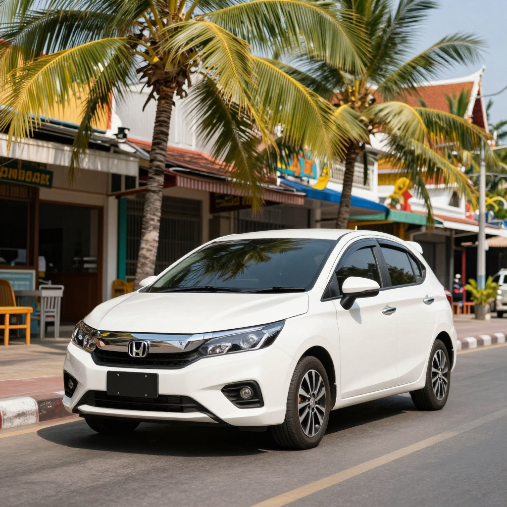 Honda City on tropical street in Phuket Thailand