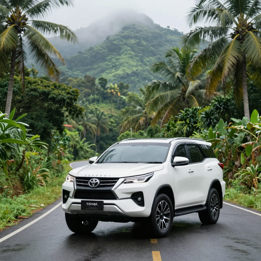 Toyota Fortuner SUV on tropical mountain road Phuket